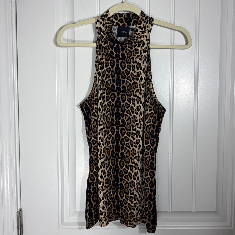 Cliche Leopard Print Mock Neck Sleeveless Tank Top Brown Black Medium